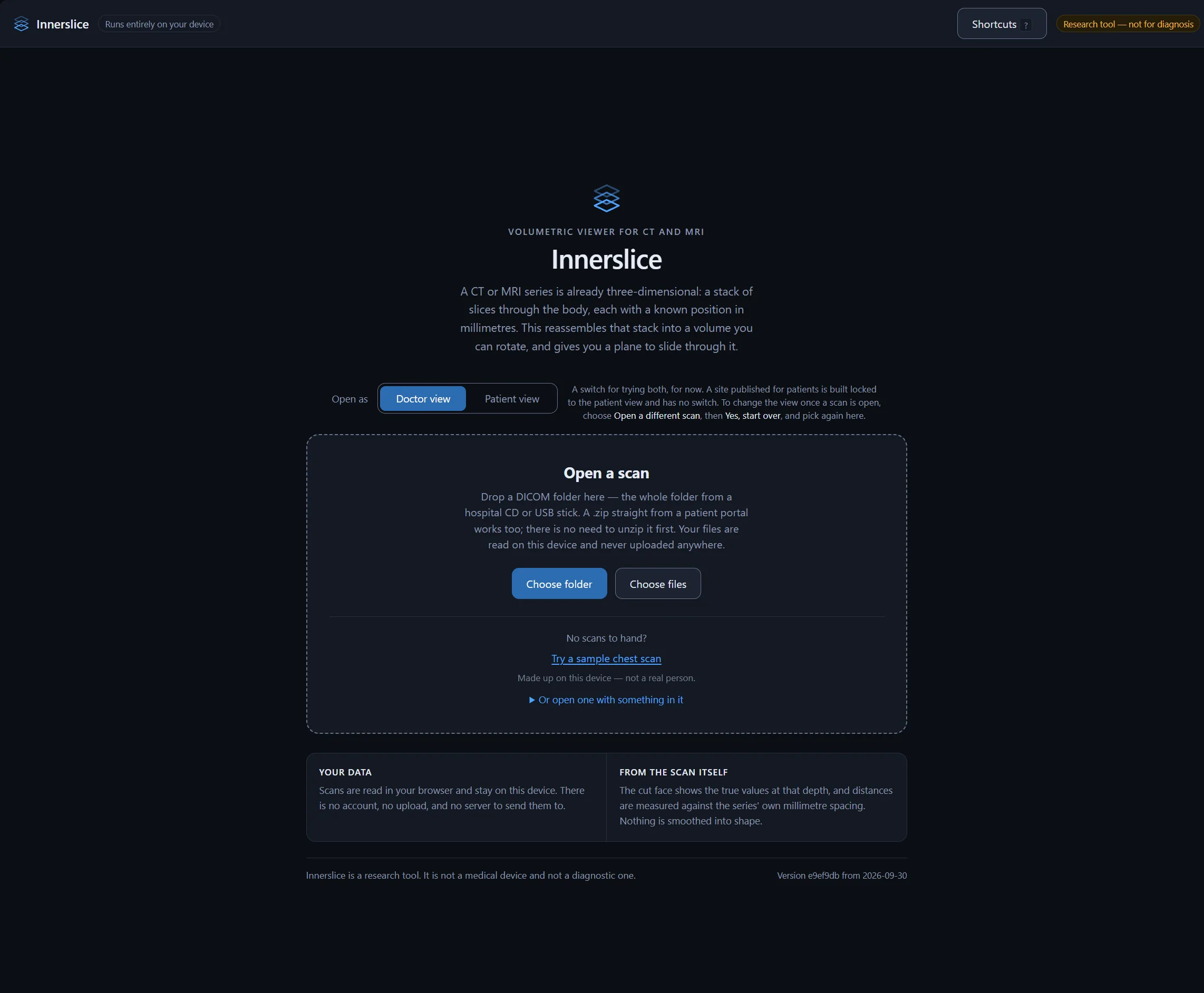Innerslice screenshot: The open-a-scan screen