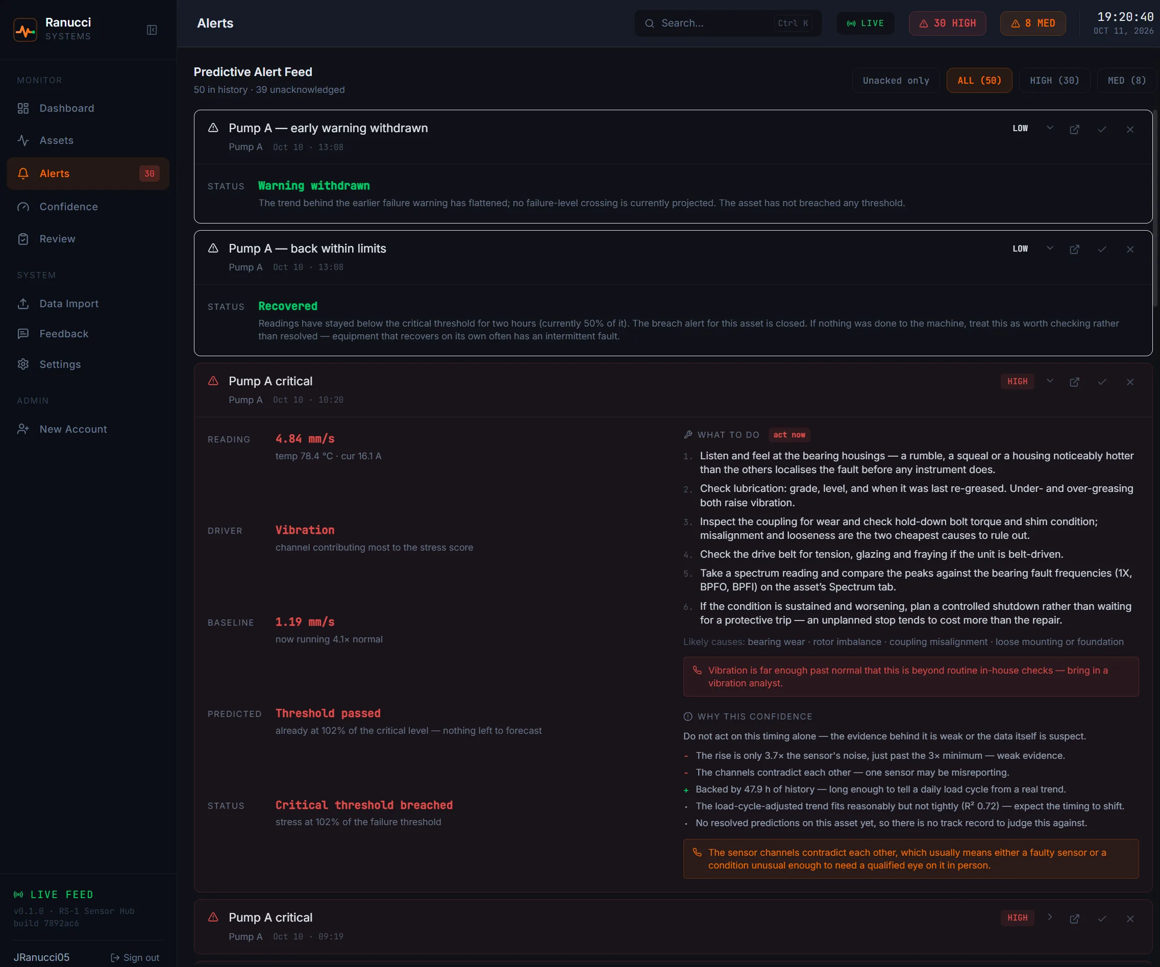 RS-1 screenshot: Alert with checklist and likely causes